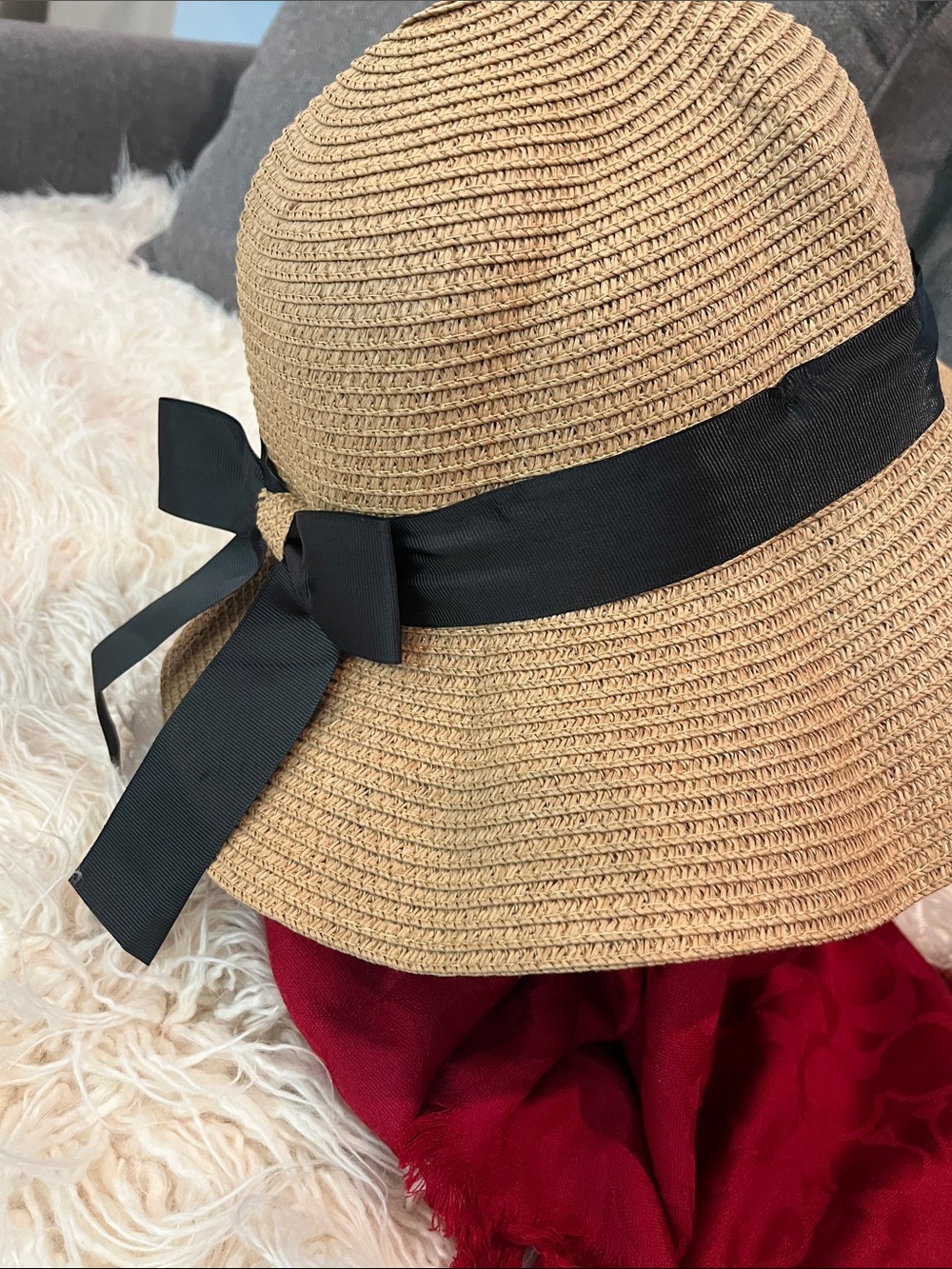 Women’s Straw Sun Hat with Black Ribbon Bow BRAND NEW Khaki